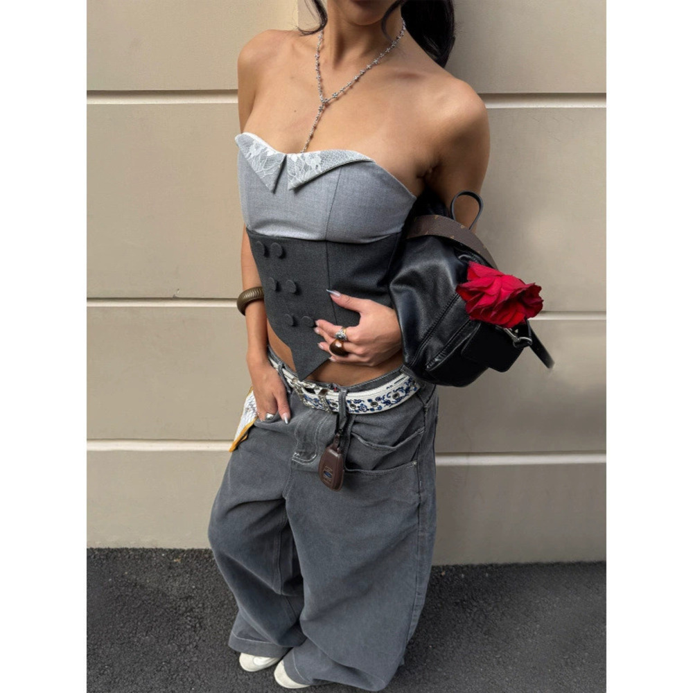 Zara Spring Retro Color Block Street One Shoulder Asymmetric Vest Top